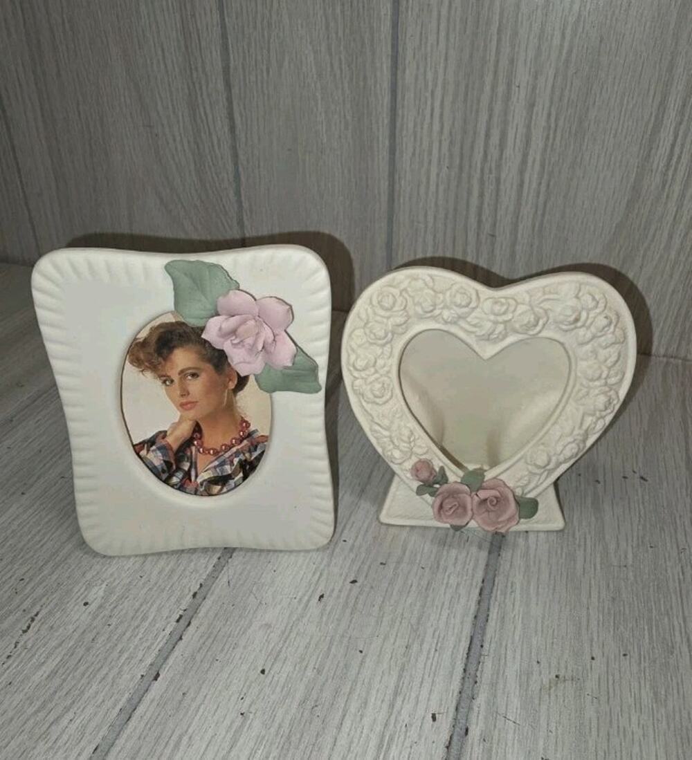 Vintage Porcelain Heart Square Ivory Picture Frames With Pink Roses Set Of 2